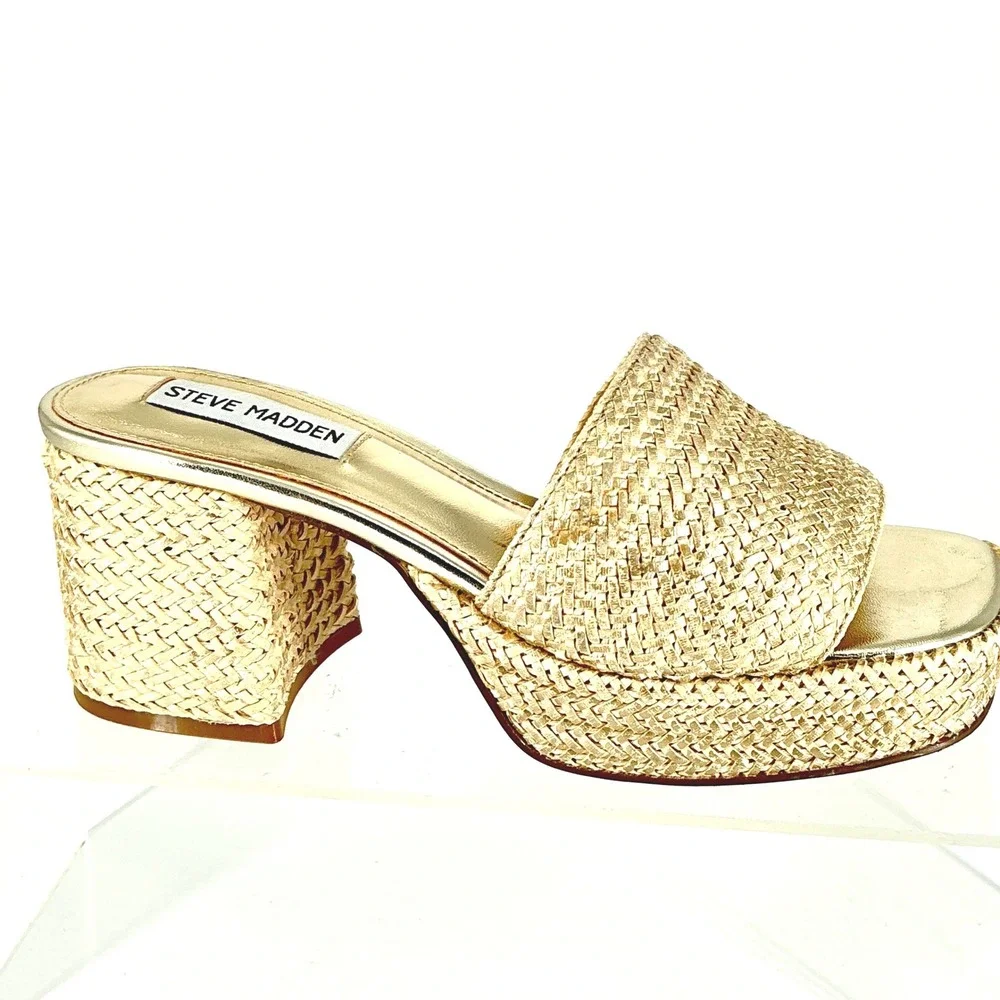 Steve Madden Size 7 Gold Raffia Platform Block Slide Sandals NEW Troyye $110